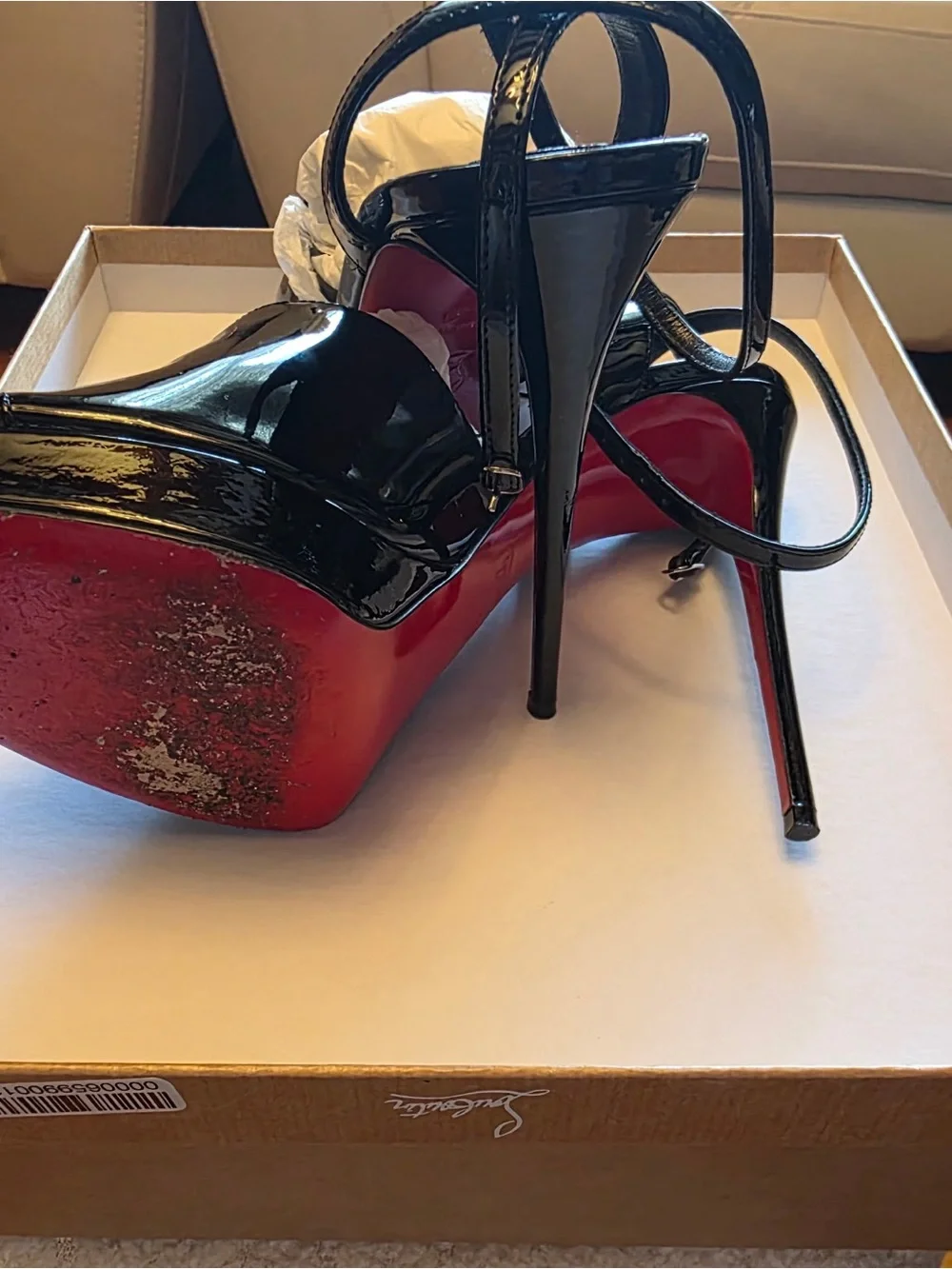 Christian Louboutin Black Patent Platform Slingback Heels with Red Sole Edge
